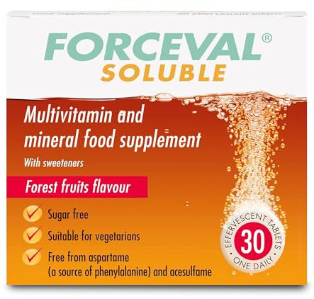 Forceval Soluble, Effervescent Multivitamin Tablets, 24 Key Vitamins and Minerals Including Vitamin C, B and D, Iron and Zinc. One Effervescent Tablet a Day. for Adults and Children 12+. Pack of 30