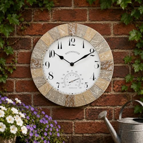 Marco Paul Interiors Traditionelle 25,4 cm große Vintage-Gartenornament-Wanduhr mit Stein-Effekt, groß, wetterfest, batteriebetrieben, Thermometer, Barometer, montierbar für Innen- und