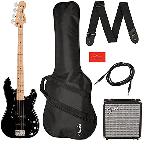 Squier by Fender Affinity Precision Basspack, Ahorn-Griffbrett, Schwarz, Gig Bag, Rumble 15 EU