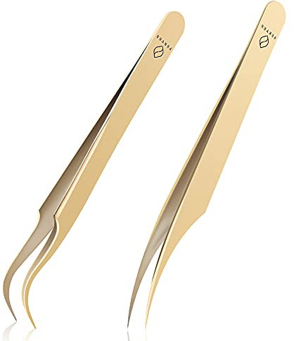 FERYES Wimpernpinzette für Wimpernverlängerung, professionelle Delphin- und Stiefelpinzette, Wimpernverlängerungsset aus Edelstahl, volumenpräzise Wimpernpinzette mit Blechdose, 2 Stück, vergoldet