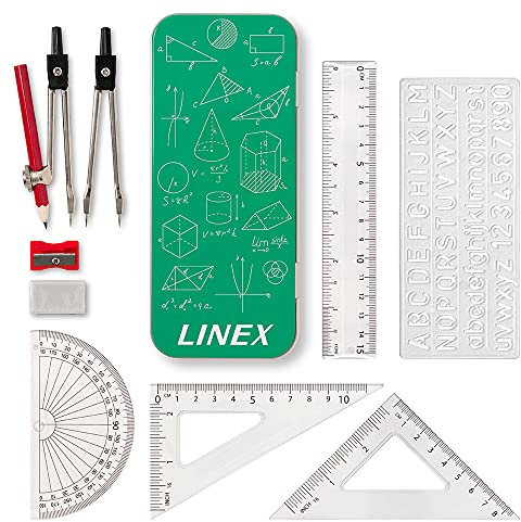 Linex Geometrie-Set, mit Zirkel, Bleistift, Radierer, Spitzer, Winkelmesser, Geodreieck, Lineal und Aufbewahrungsetui-Metallbox