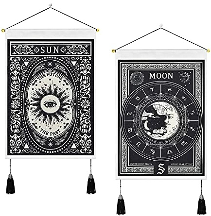 Lahviuu Wandteppich,2pcs Tarot Wandteppich Trippy Wandbehang Tapisserie mit Quasten Mond und Sonne Wandteppiche, Schwarz weiße Tapisserie Wandbehang für Schlafzimmer Wohnzimmer, 35x50 cm