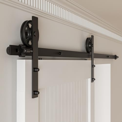 Schiebetürbeschlag 183cm Schiebetüren Schiebetürsystem Komplettset Laufschiene Rollen Set Schwarz für 1 Holztür 91cm Breit, Mittlere Rolle in I-Form