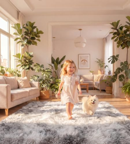 ROHATIM Teppich Wohnzimmer 200 x 300 cm hellgrau Waschbar Rutschfester Hochflorteppich Kinderzimmer Schlafzimmer Flauschiger Teppiche