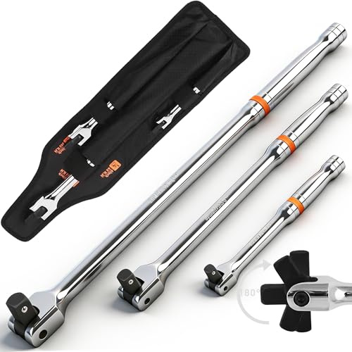 HORUSDY 3Pcs Breaker Bar Set, 1/2&3/8&1/4 Sq Drive Breaker Bar, Flexible Knuckle Socket Wrench, Wheel Nut Spanner, Chrome Vanadium Steel