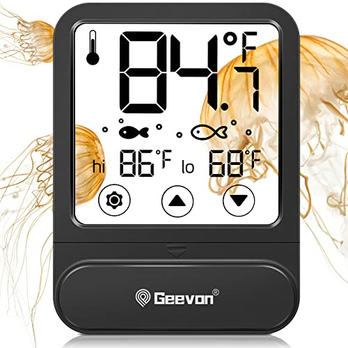 Geevon Aquarium Thermometer, Digital Fish Tank Temperature Gauge, Stick-on | Suitable for tropical, reptile, terrarium, water tank, with high & low temperature, warning function, large LCD touch screen