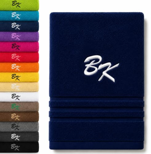 Pet-Jos Personalisiertes Handtuch mit Monogramm, wunderschön gestickte Buchstaben oder Namen, Monogramm-Handtuch Badetuch, 100% Baumwolltuch (100 x 50 cm, Dunkelblau)