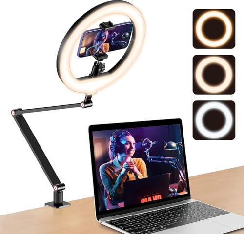 10'' Ringlicht für Schreibtisch mit Ständer und Telefonhalter, Overhead Stativ Ringlicht, Videokonferenzlicht mit verstellbarem Schreibtischarmständer für YouTube,TikTok, Arbeit für Telefon, Webcam