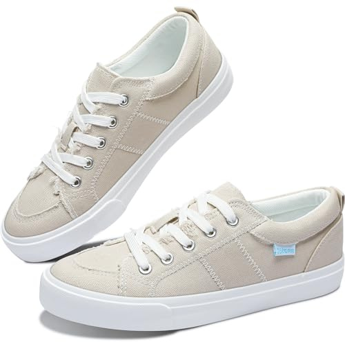 Obtaom Women's White Play Fashion Sneakers Cute Lace up Canvas Shoes Low Top Washed Canvas Flat for Lady(Beige,US8)