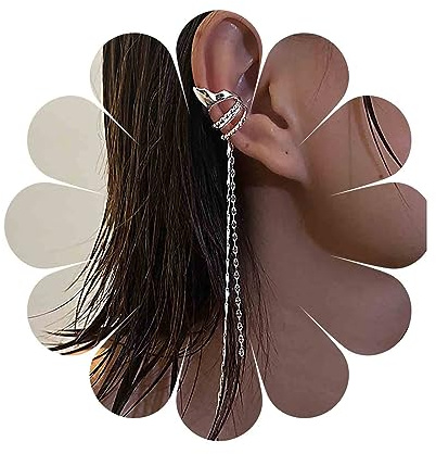 Aneneiceera Boho Lange Kreis Manschette Ohrringe Silber Lange Kette Baumeln Ohrring Klobige Kreis Ohrmanschette Ohrringe Helix Kette Nicht Durchbohrt Clip Auf Ohrring Schmuck Für Frauen Und Mädchen