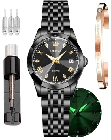 OLEVS Damklocka Mode Diamant Romerska siffror Dam Analog Quartz Rostfritt stål Vattentät Lysande Datum Kvinnlig Klocka Present