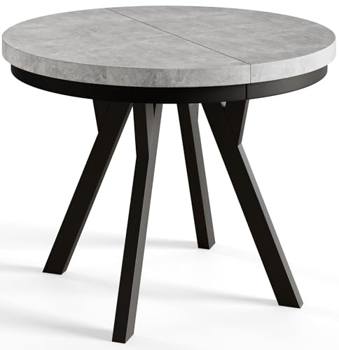 AlpiMeble Esstisch Ausziehbar Evo, Stabile Konstruktion, 120-220cm, Graphit | Runder Tish, Moderner Wohnzimmertisch und Küchentisch, Schwarze Beine