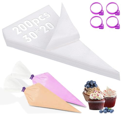 200Stk Spritzbeutel Groß Spritzbeutel Einweg Transparent Profi Einweg Spritztüten mit 4 Lila Silikon Spritzbeutel Klammern Für Dekorieren Gebäck Torten Hausbacken Cupcakes Keksen(30X20cm)