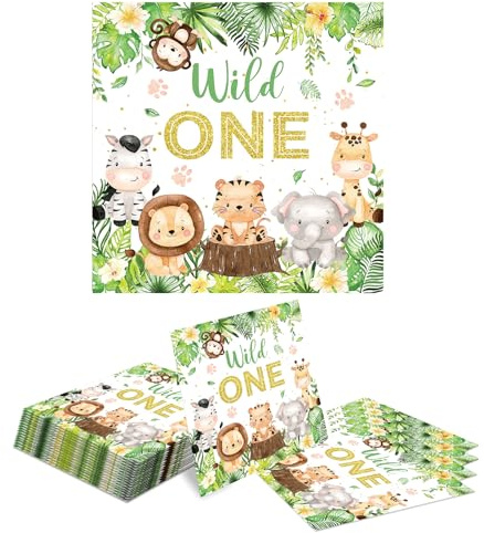 Kotkiddy 40 Stück Servietten Kindergeburtstag,Servietten Dschungel,Party Motiv Tiere,Blätter,Party Animals,Grün für Waldtiere Geburtstag und servietten Tiere 33x33cm