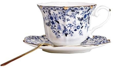 POWDONUNT Vintage Floral Porcelain Tea Cup and Saucer Set with Spoon, Gold Trim, 6.4 oz – Set of 1, Blue – Tea & Espresso & Coffee Cups (1, China Flower)