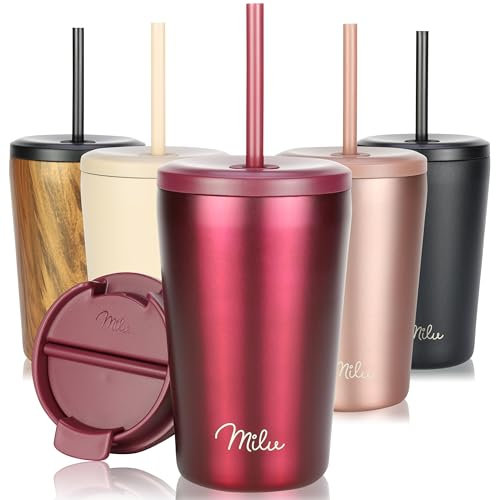 Milu Thermobecher 400ml - 100% Auslaufsicher - Edelstahl Kaffeebecher to go isoliert mit Strohhalm hält 10h heiß / 20h kalt, BPA-frei (Berry, 400ml)