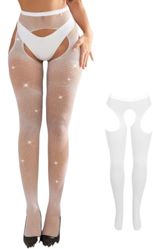 ohyeahlady Sparkly Rhinestone Fishnet Tights Womens Crotch Open Stockings