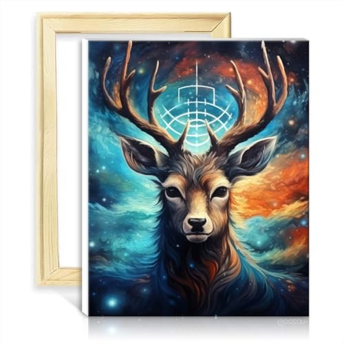 LiHEQING Ölgemälde Sternenhimmel Hirsch auf Leinwand, Gemälde für Erwachsene mit Pinseln und Acrylpigment auf Leinwand, Wanddekoration, Geschenke, ohne Rahmen (30 x 40 cm)