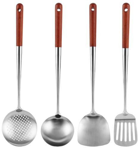 Oungy 4-teiliges Wok Pfannenwender, Schöpflöffel Edelstahl mit Massivholz Griff, Küchenhelfer Set Edelstahl mit Integriertem Aufhängeloch Schaumkelle Edelstahlen Suppenkelle für Wok Das Kochen