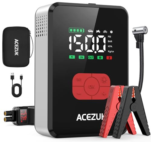 ACEZUK Booster Batterie Voiture avec Compresseur, 7000A Démarreur Batterie Voiture, 150PSI Gonfleur de Pneus, 12V Jump Starter pour Véhicule, Plein Écran, Tout Gaz ou 12L Diesel, 600 Lumens LED