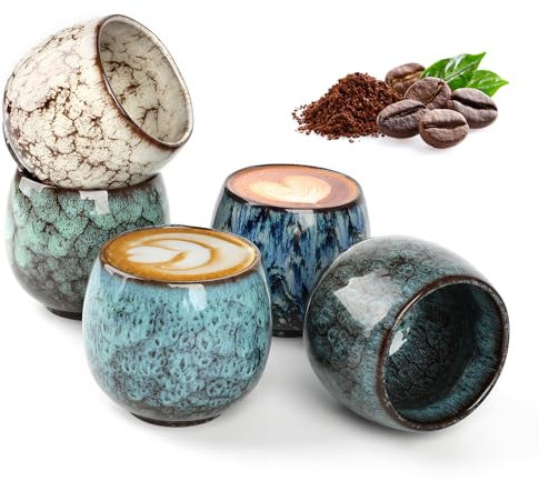 Espressotassen 5er set 100ml, Hochwertige Espresso Tassen aus Steingut, Keramik Handgefertigt Porzellan Espressotassen, Hitzebeständig, Dickwandig, Spülmaschinenfest, Modernem Elegantes Design