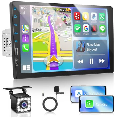 Autorradio 1 DIN con Carplay y Android Auto, Radio con Pantalla Táctil de 9 Pulgadas y EQ, Bluetooth, Radio FM, 1080P, SWC + Micrófono + Cámara de Marcha Atrás