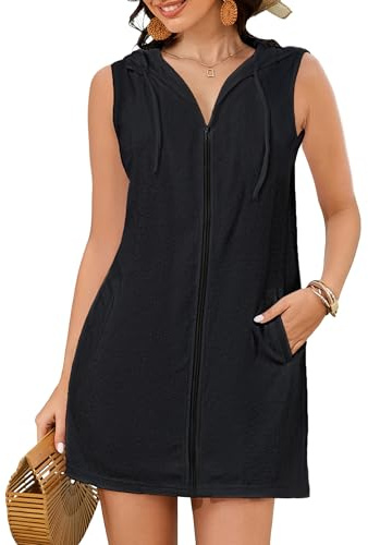 Bsubseach Damen Frottee Badeanzug Strand Ärmellose Bademäntel Taschen | Bsubseach Frottee Cover Up Frauen mit Kapuze Badeanzug Reißverschluss Strand Bademäntel mit Taschen S-XXL