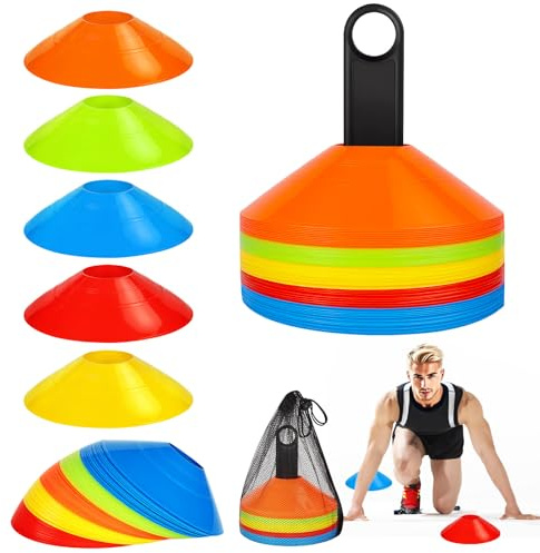 TEGOVE Coni da Allenamento,Coni per Allenamento di Calcio,Coni Stradali,Calcio Accessori,Cinesini per Allenamento con Supporto e Tasca a Rete per Delimitazione,Marcatura (5 Colori)
