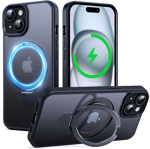Supdeal Custodia Magnetic Supporto per iPhone 15 on Anello Kickstand Invisibile [Compatible with MagSafe] [Protezione Militare Anticaduta] Antishock Glassato Case Cover, 6,1, Nero