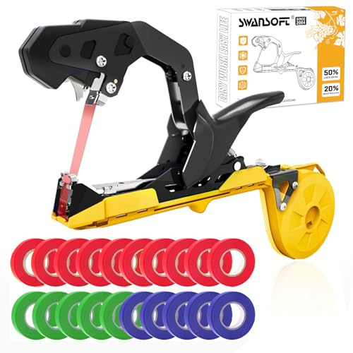 SWANSOFT B13 Bindezange für Pflanzen Profi, 50mm Pflanzenbindemaschine Gelb | 20 Rollen Gemüseband +10000 Nägel, für Trauben Tomaten Gurken