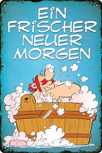 LUCKYLINDE - Retro Blechschild, ASTERIX und OBELIX, französiche kult Comic Serie, Deko Schild, 14 x 20 cm (Obelix in der Badewanne, Ein frischer neuer Morgen)