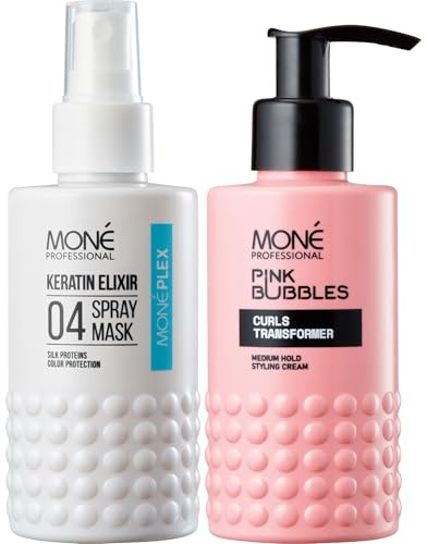 MONÉ Professional Duo Crème Boucles & Soin Sans Rinçage 10-en-1, 2x150 ml | Crème boucles sur cheveux humides, puis le soin démêlant 10-en-1 avec thermoprotection. Fixation moyenne, Méthode Curly Pro.