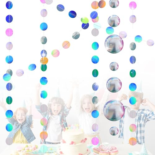 4M Party Girlande Set - 4X Regenbogen-Laser Kreise + 1x Farbige Blasen - Für Geburtstag, Bunt Glitzer Papier Circle Dots Garland, Gartenparty & Festival Hochzeit Party Deko (Kinder/Jugendliche)