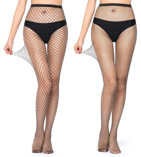 FENGRUI 2PCS Black Fishnet Tights for Women,Fishnet Tights for Women/Womens Sparkly FishnetTights,Pantyhose Fish Net Stockings Sexy Outfit, High Waist Suspender Pantyhose Size One Size Fit All
