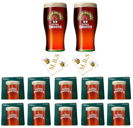 John Smith's Extra Smooth Beer Glass Set, 2 Pint Glasses and 10 Beer Mats, Official Pub Drinkware Collection