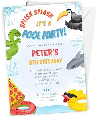 Love To Cherish 10 x Personalised Pool Party Birthday Invitations with envelopes, Boy's Summer Swim Theme Birthday Invites, Swimming Inflatables Themed Invites