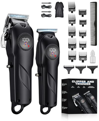 Evviee Professional Hair Clippers Men and Beard Trimmer Set, USB Rechargeable Cordless Hair Clippers, Electric T-Blade Hair Trimmer with 13 Guide Combs, LCD Display, Gifts for Men