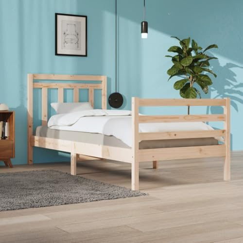 Teenpull Massivholzbett 90x200 cm aus unbehandeltem Kiefernholz mit Kopfteil, Stabiler Lattenrost aus Sperrholz, rustikales Schlafzimmer Bettgestell für erholsamen Schlaf