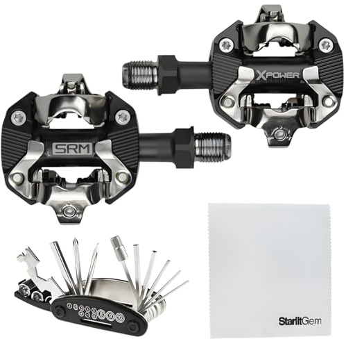 SRM X-Power MTB Dual-Sided Power Meter Pedals – Long Spindle, SPD-Compatible, Bluetooth & ANT+, Precision Power Tracking, Durable Alloy Body, Rechargeable Battery – Includes StarlitGem Multitool Kit