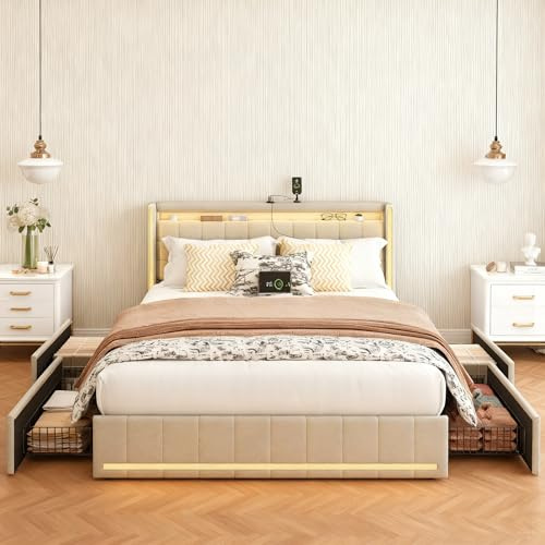 BRYXR Polsterbett 140x200 cm mit LED-Kopfteil, Doppelbett mit USB-Ladefunktion und Lattenrost, 4 praktischen Schubladen und stilvollem Design, Ideal für Jugendzimmer und Moderne Räume, Ohne Matratze