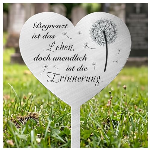 GOCUODE Adorno Estaca para Tumba, Corazón de Acero Inoxidable para Colocar sobre la Tumba, «Begrenzt ist Das Leben Doch Unendlich ist Die Erinnerung» para Jardines, Cementerios y Patios (Estilo 1)