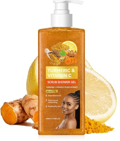 Gel douche au curcuma et à la vitamine C, gommage pour l'acné pour homme et femme, savon au curcuma et éponge gommante pour nettoyer et hydrater les peaux sèches et rugueuses