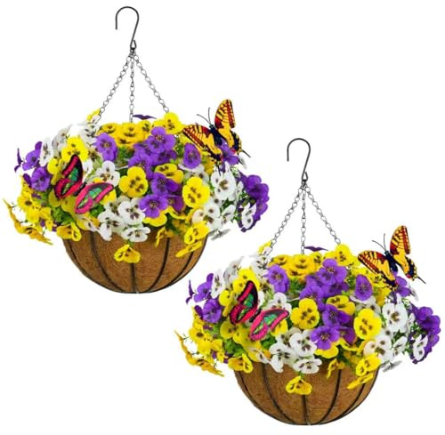 SupBri Artificial Pansy Flowers with Coconut Fiber Hanging Basket, 12 Bundles UV Resistant Faux Flowers for Outdoor,Home,Garden,Patio,Front (2Pack,Yellow/Purple/White)