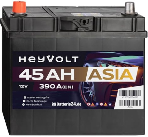 HeyVolt Autobatterie 12V 45Ah 390A/EN Asia Pluspol Links | absolut wartungsfrei