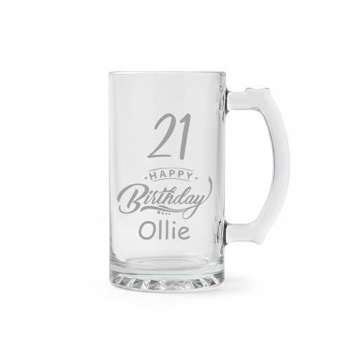 ukgiftstoreonline Personalised Engraved Tankard Beer Mug with Thumb Handle, 510ml, Glass, Happy Birthday Gift Boxed (21st Birthday Beer Glass Gift)
