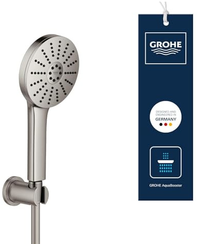 GROHE Vitalio Joy+ 120 Shower Handheld & Wall Holder Set (Hand Shower ⌀ 120 mm, 3 Sprays, Water-Saving 6.3 l/min, Scalding Protection, Hose 1.5 m, Min. Pressure 1 Bar), Supersteel, 134865DC00