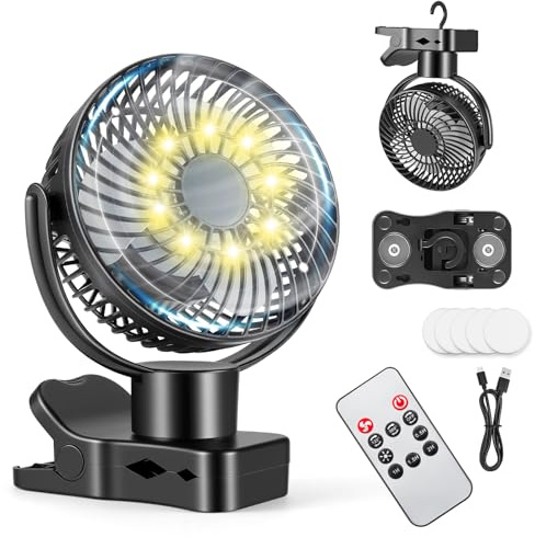 Aischens Magnética Ventilador de Pinza Oscilante 360°, 10000mAh Fijación Aromaterapia Luz Nocturna, Mando a Distancia 55h Autonomía 4 Velocidades, Silencioso Portátil Hogar Oficina Camping (Negro)