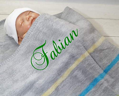 ★ Babydecke mit Namen und Datum Bestickt ★ 100% Baumwolle ★ Baby Geschenke ★ (100 x 75 cm, Grau - Grün - Beige)