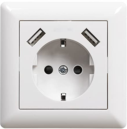 Sasudose USB Steckdose Weiß Unterputz Schuko Steckdose mit USB Anschluss (Max. 3.4A) System 55 Reinweiß Glänzend Schutzkontakt-Steckdose Wandsteckdose Passent in Standard Unterputzdose für Smartphone