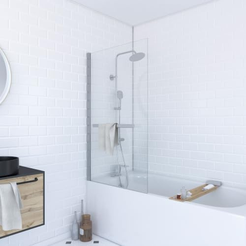 AURLANE Pare-Baignoire Pivotant avec Porte-Serviette 85x150cm - Profilé Chrome - Verre 6mm - TSHAPE Chromed